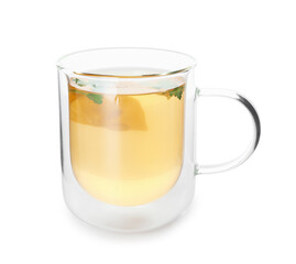 Cup of hot tea with parsley on white background