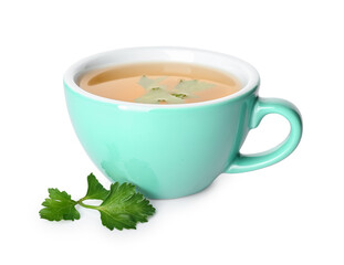 Cup of hot tea with parsley on white background