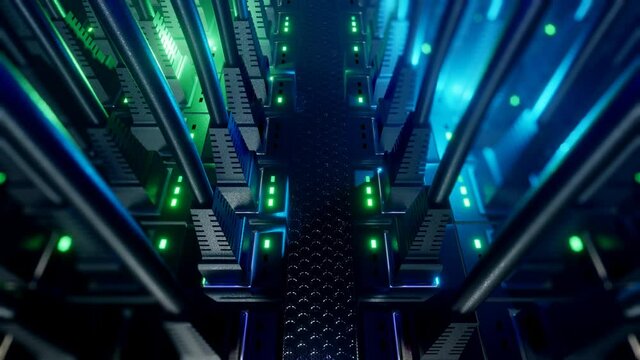 Close-up view of modern internet network switch with plugged ethernet cables. Blinking blue lights on internet server. 4k 3d endless loop.