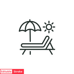 Sunbed line icon. Simple outline style. Resort, beach, chair, furniture, lounger, parasol, relaxation, sea, summer concept. Vector illustration isolated on white background. Editable stroke EPS 10.