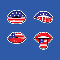 American lips flag sticker set. 4th of July celebration. USA independence day. Flat vector design