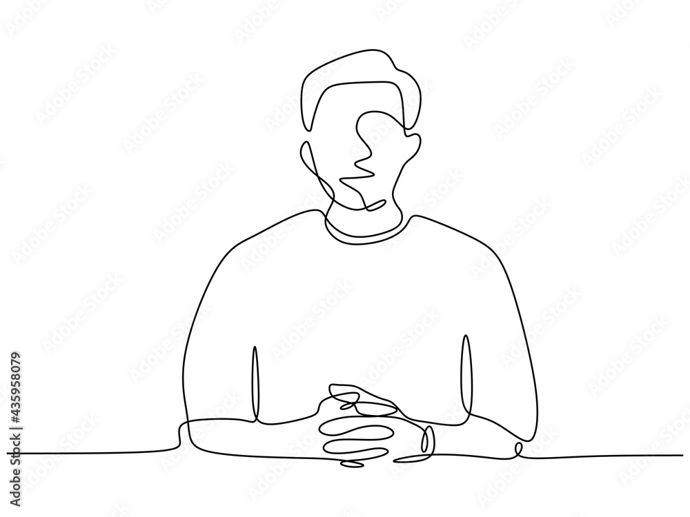 Poster continuous line of man sitting with hand in front. single line of woman sit down with hand on the ta