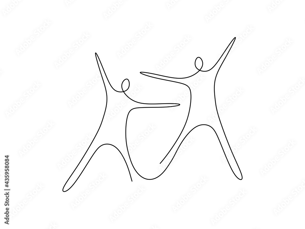 Poster continuous line of two abstract happy people jumping, single line of abstract happy man isolated on 