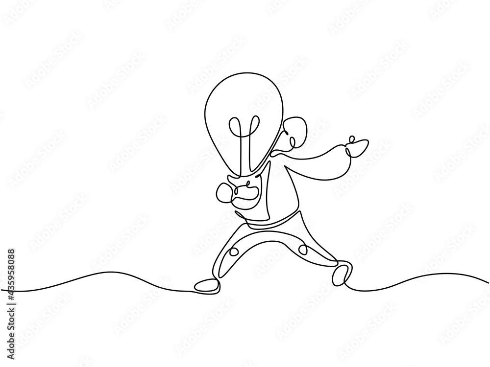 Poster continuous line of ideas concept. single line of man bringing big lamp. one line of little lamp hugg
