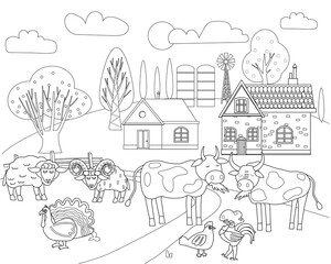 Fototapeta premium Farm animals coloring book educational illustration for children. Set cute cow, buffolo, sheep, rooster, rural landscape colouring page. Vector black white outline cartoon characters