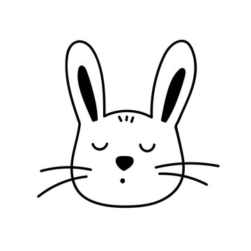 Cute face of a sleepy bunny isolated on white background. Vector hand-drawn illustration in doodle style. Suitable for Easter designs, cards, decorations.