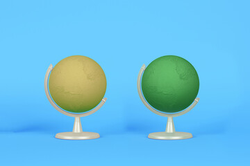 Globe icon with out world map on blue background.