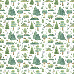 Watercolor seamless forest pattern. Hand-drawn background with hill, tree, bush, pine, mushrooms and herbs. Texture for textiles, decoration, wallpaper, scrapbooking, wrapping paper.