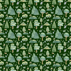 Watercolor seamless forest pattern. Hand-drawn green background with hill, tree, bush, pine, mushrooms and herbs. Texture for textiles, decoration, wallpaper, scrapbooking, wrapping paper.
