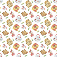 Watercolor seamless pattern on the theme of camping and tourism. Hand-drawn background with teapot, mug, sweater, socks, backpack, red lantern and leaves. Texture for textiles, decoration, wallpaper.