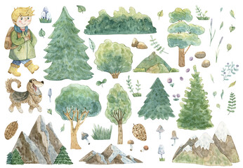 Watercolor set of illustrations with cute characters and forest elements. Hand-drawn clipart with boy, dog, trees and mountains. Isolated on white background. Design for textile, print, decoration.