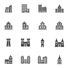 Types of buildings vector icons set