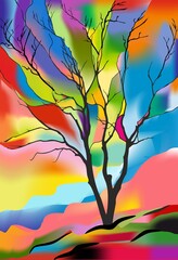 autumn composition resembling a stained glass window with a lonely tree