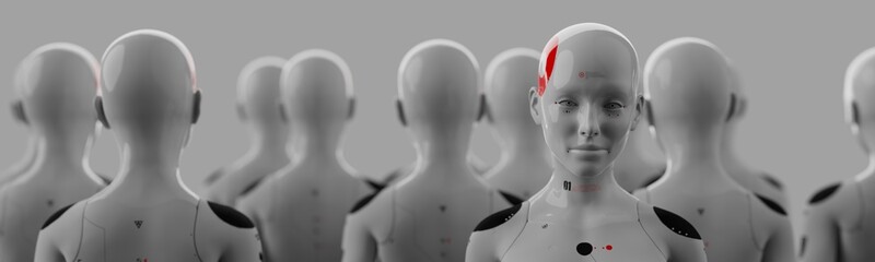 group of robots in female image standing in rows artificial intelligence and robotics concept