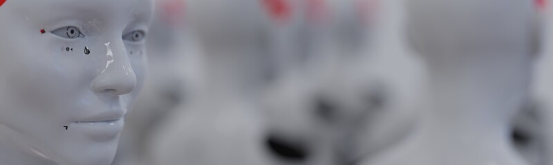 group of robots in female image standing in rows artificial intelligence and robotics concept