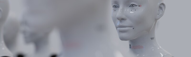 group of robots in female image standing in rows artificial intelligence and robotics concept