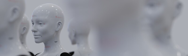 Obraz premium group of robots in female image standing in rows artificial intelligence and robotics concept