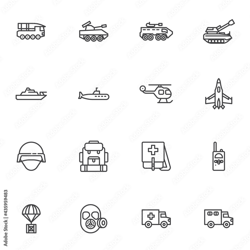 Wall mural Military vehicles line icons set - Wall murals