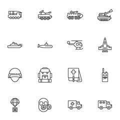 Military vehicles line icons set