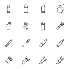 Ammunition bullets line icons set