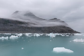 Melting Icebergs at sea in a foggy morning, Columbia Glacier, Alaska