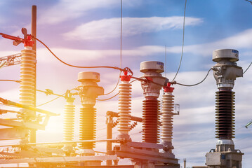 High voltage power transformer,generator electric in substation.high-voltage substation with...