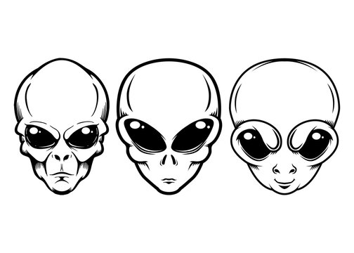 Illustration of alien head in monochrome style. Design element for logo, label, sign, emblem, poster. Vector illustration