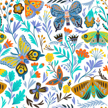 Elegant seamless pattern with decorative abstract flowers, butterflies and moths in doodle style. Vector illustration.