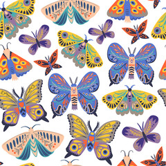 Fototapeta na wymiar Cute seamless pattern with butterflies and moths. Doodle insect in minimalistic style. Hand drawn illustration. 