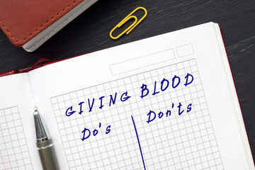  Financial concept about GIVING BLOOD Do's and Don'ts with inscription on the sheet.