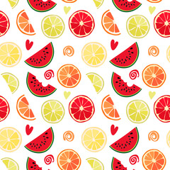 Seamless texture of watermelon slices and tropical fruits. Vector pattern, natural abstract background. Bright summer texture from citrus.