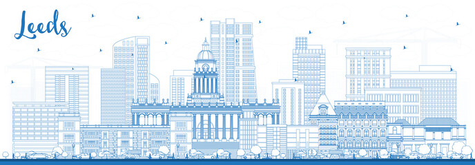 Outline Leeds UK City Skyline with Blue Buildings.