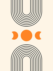 Abstract  poster with moon. Line art. Contemporary  geometric composition. Boho wall decor. Mid century art print.