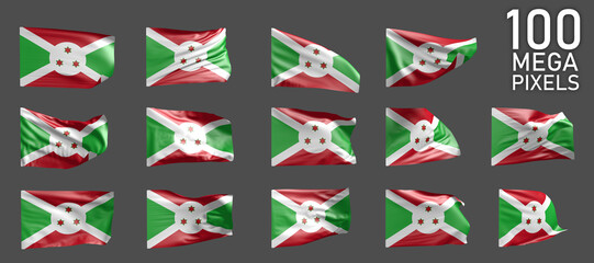 a lot of different pictures of Burundi flag isolated on grey background - 3D illustration of object
