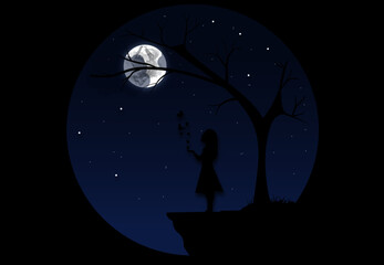 Fototapeta na wymiar Night moon with girl illustrator