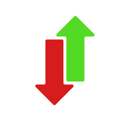 Red and green arrows down and up. Color vector illustration isolated on white background. Logo icon.