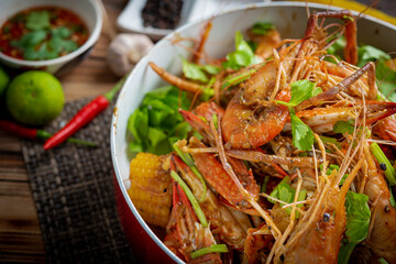 Spicy seafood bucket, Cook spicy shrimp mixed seafood Thai style, Thai foods.;