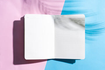 Blank open book on blue and pink background, summer concept