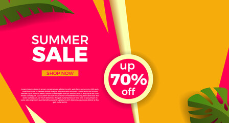 Basic RGBHello summer sale offer banner promotion with wave curve shape with memphis abstract style and leaves illustration