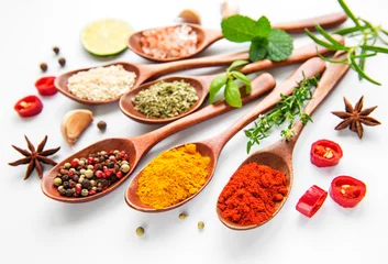 Foto op Aluminium Various spices isolated on white background, top view © Olena Rudo