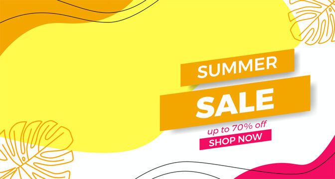 Basic RGBHello summer sale offer banner promotion with wave curve shape with memphis abstract style and leaves illustration