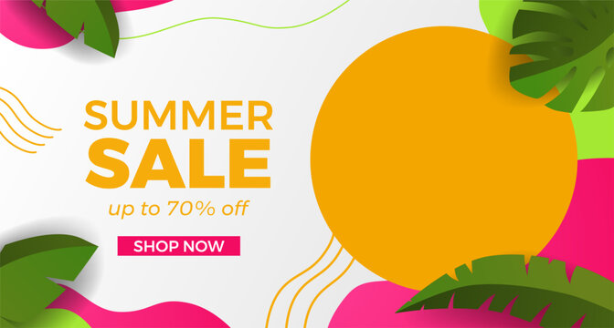 Basic RGBHello summer sale offer banner promotion with wave curve shape with memphis abstract style and leaves illustration