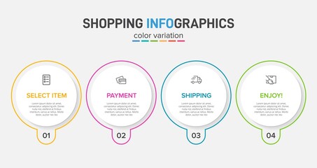 Concept of shopping process with 4 successive steps. Four colorful graphic elements. Timeline design for brochure, presentation, web site. Infographic design layout.