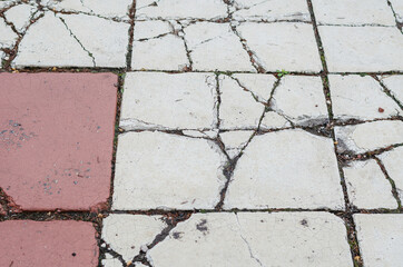 Old Cracked paving tiles. White and red wet sidewalk with deep cracks.