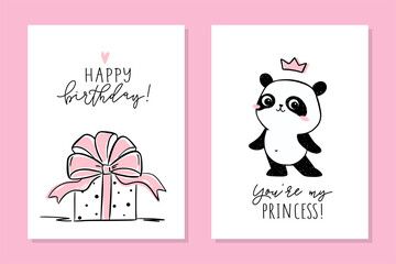 Little panda - set of cards. Cute panda character and birthday gift with big pink bow. Vector hand-drawn illustration