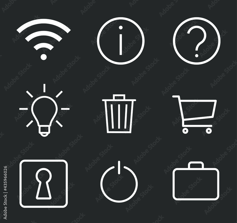 Poster web application interface icon collection. internet page and website vector symbol set. wi-fi, info,