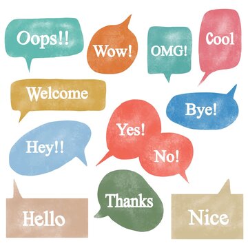 doodle Hand painted set of speech bubbles with handwritten phrases hello, wow, omg. vector illustration