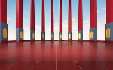 Red pillars and floor, chinese style, 3d rendering.