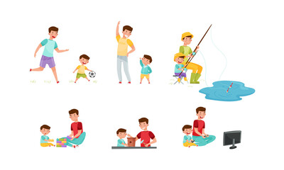 Fototapeta premium Loving Father and His Son Fishing, Playing Football, Building Nesting Box and Watching TV Vector Illustration Set