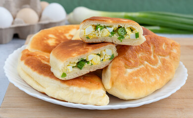 Tortilla dough stuffed with green onions and egg on a white plate.